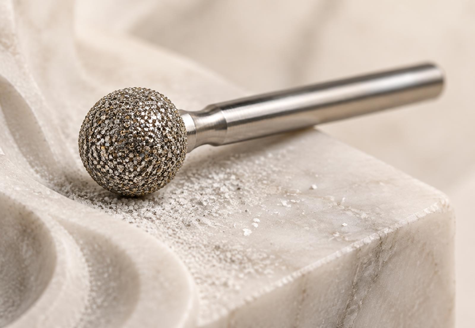 Illustrative close-up of a ball-profile diamond burr resting on carved marble